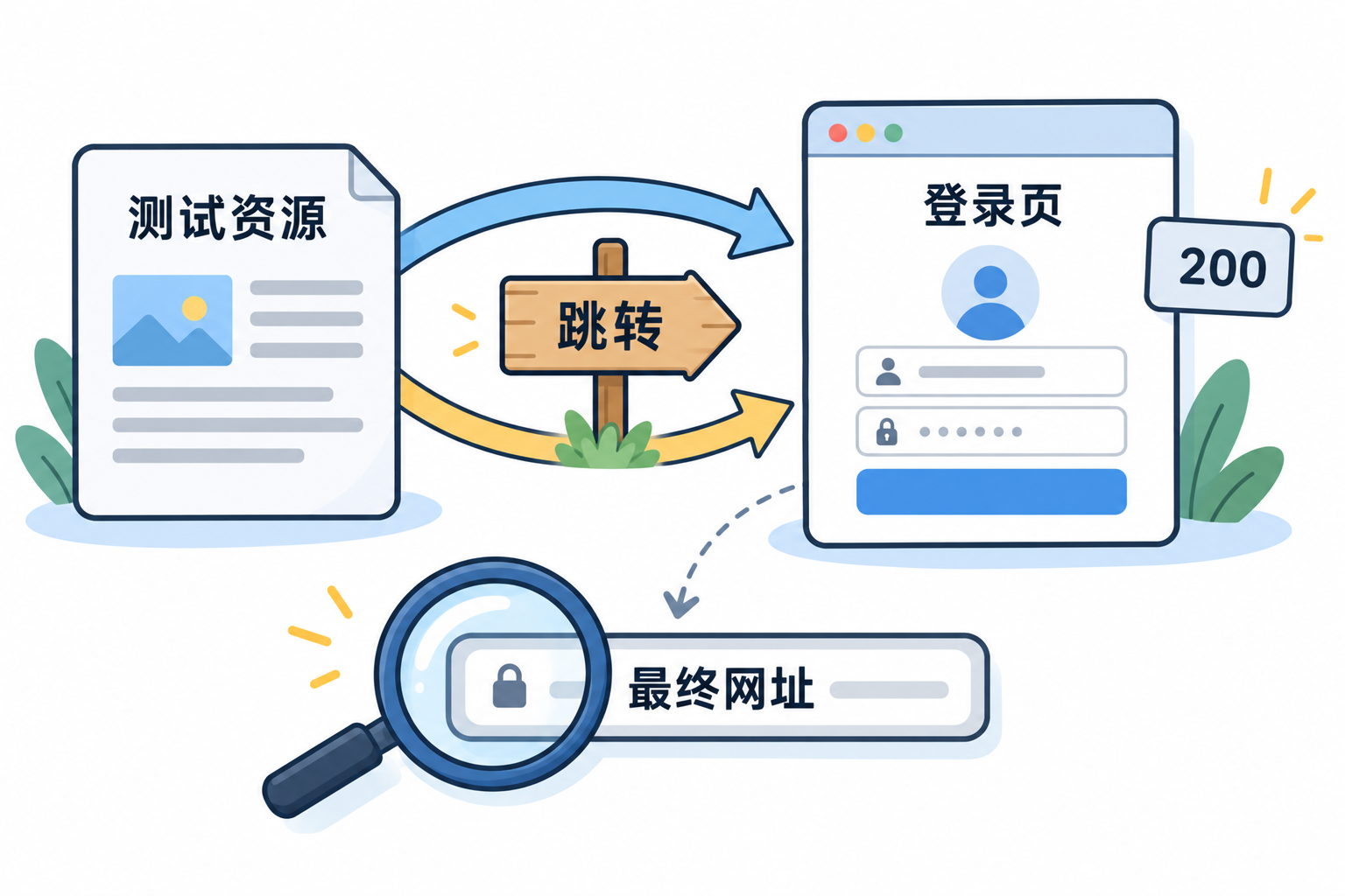 初始测试网址经过跳转抵达登录页，需要核对最终网址与实际正文