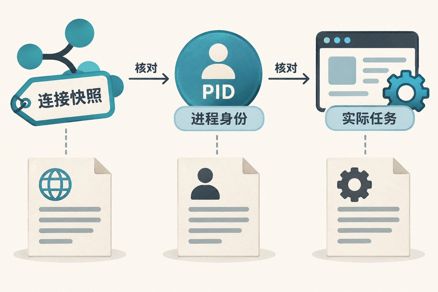 连接快照通过PID对应到进程并单独验收实际任务的示意