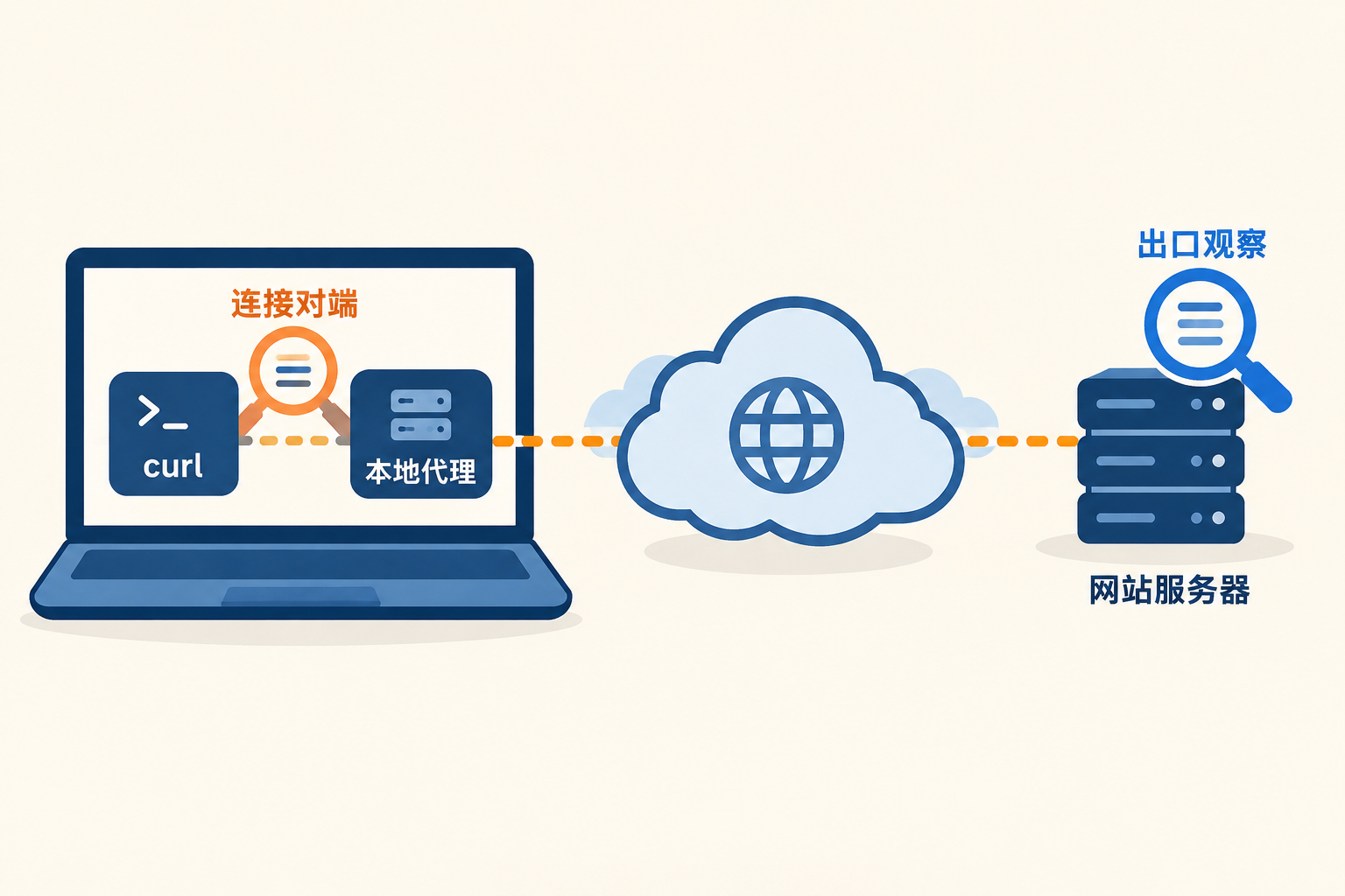 本机代理连接对端与目标网站观察的来源处在不同位置