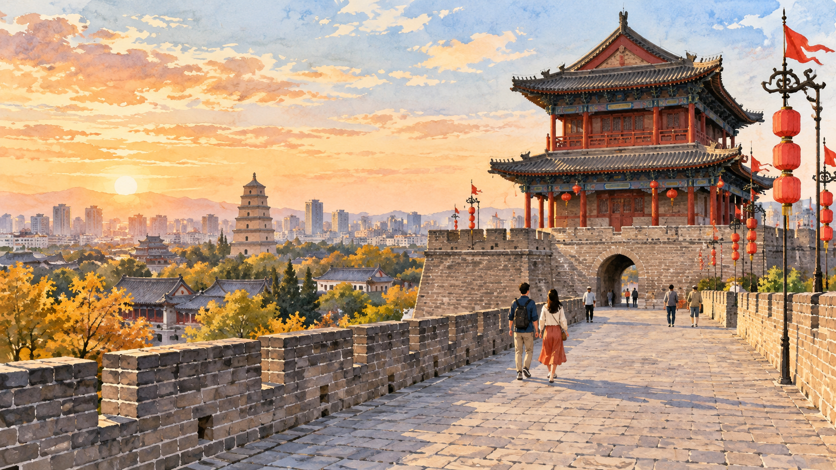 西安城墙水彩风景插画
